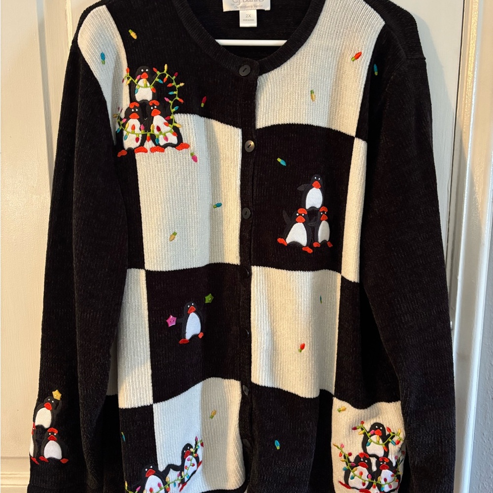 C.J. Banks Black White Hand Embroidered Penguin Cardigan Sweater Christmas 2X